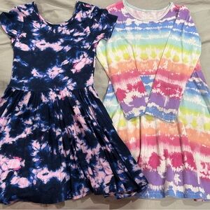 Girls Casual Tie-Dye Dresses-Navy/Pink & Rainbow